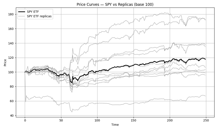 Figure 2. Alternative price histories for the SPY ETF, autoregressive online bootstrap, 1st January 2025 - 31th December 2025.